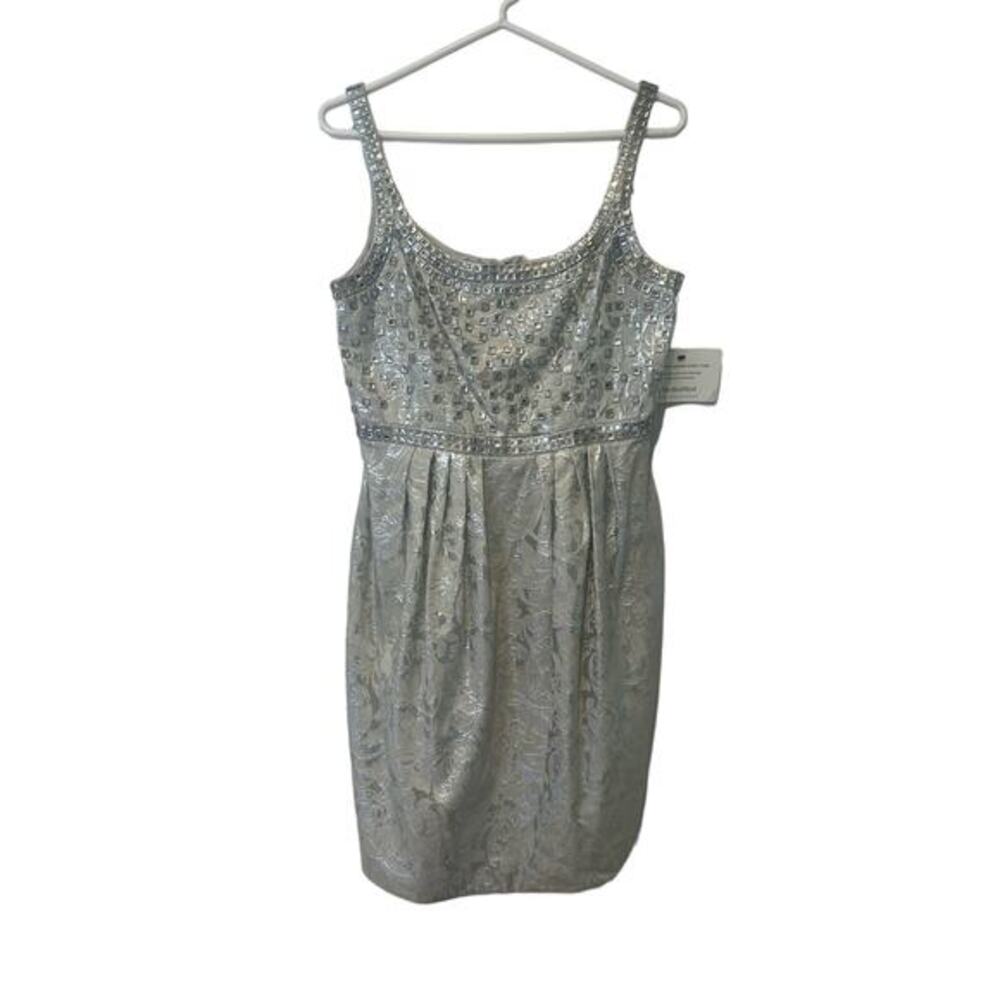 Carmen Marc Valvo Cocktail Dress Silver Sz 6 Crystal Embellished Jacquard